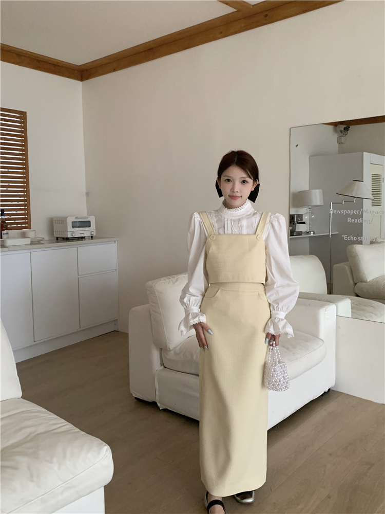 Actual shot~palace style lace splicing shirt + gentle scented vest straight skirt suit