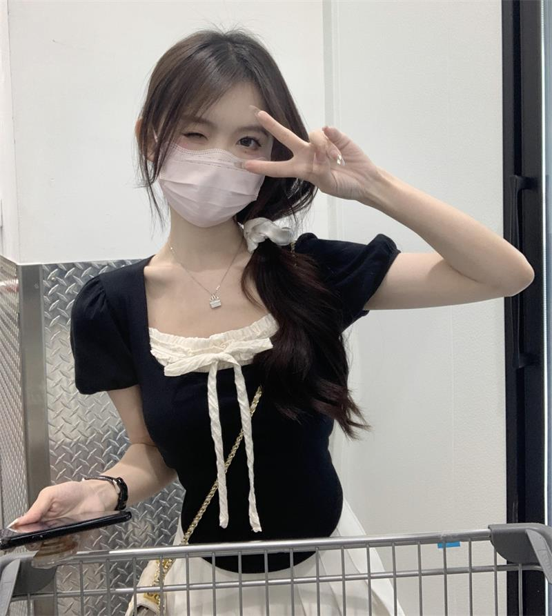 芭蕾風方領短袖t恤女夏季2024新款設計感小眾修身短款百搭上衣