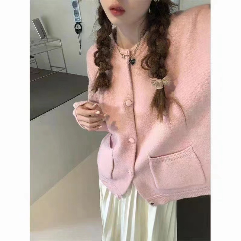 PPHOME cream cheese powder~early spring gentle and sweet sweater coat cute lantern sleeves soft and waxy cardigan