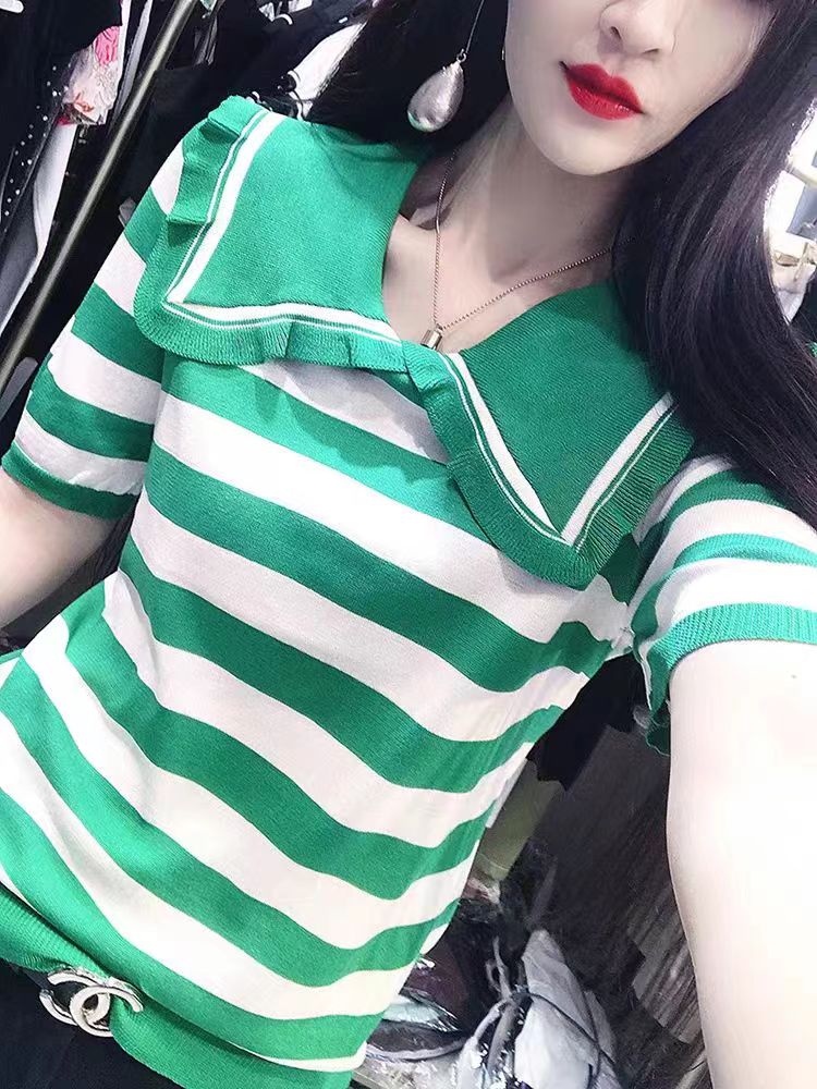 甜美polo翻領短袖t恤女夏季新款條紋冰絲針織衫洋氣寬鬆減齡上衣