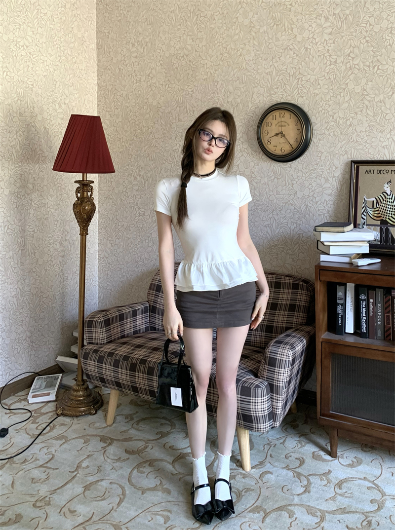實拍  "芭蕾甜豆" 蓬蓬花邊拼接假兩件短袖T恤女