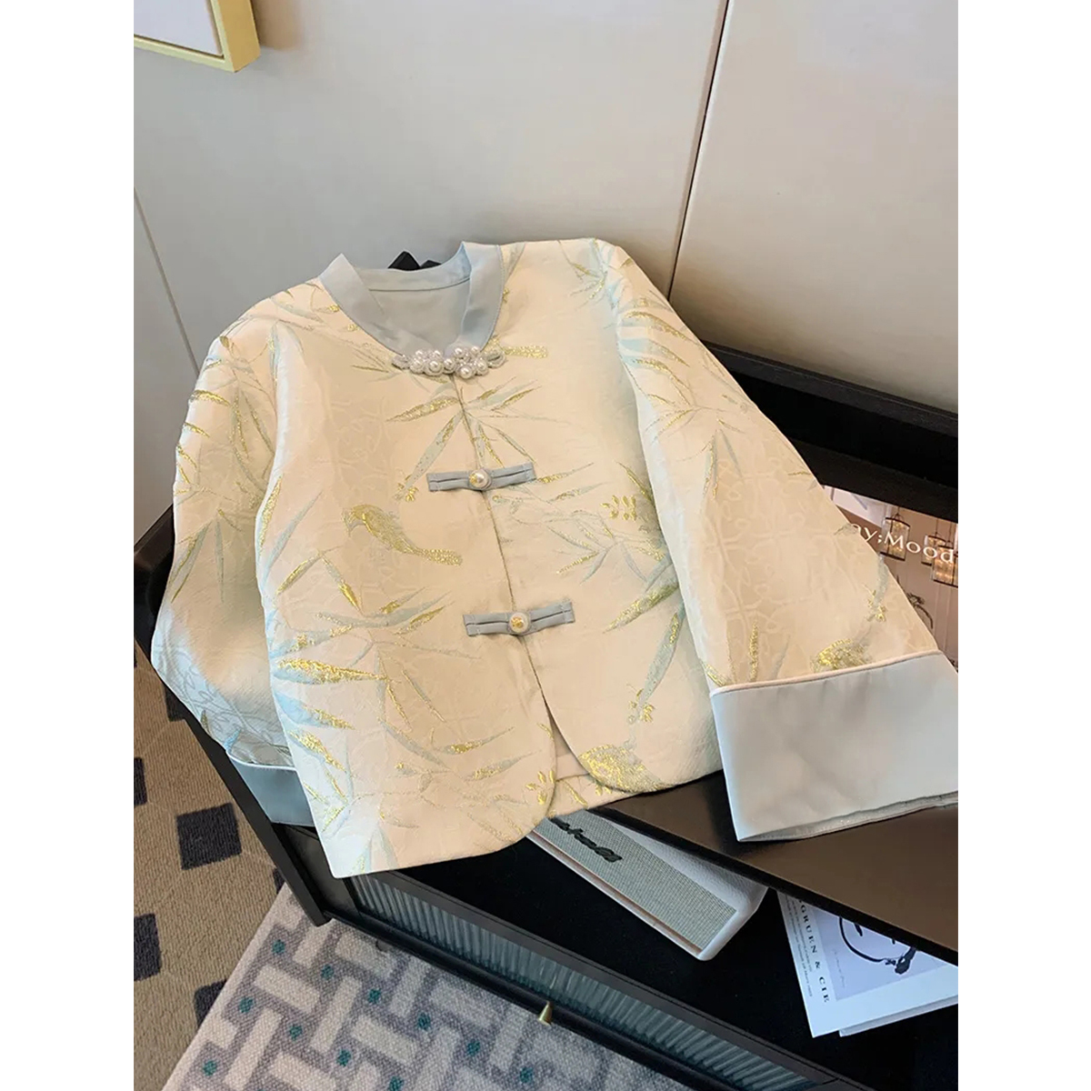 質檢官圖春秋新中式國風燙金印花盤扣外套女新款溫柔改良旗袍上衣