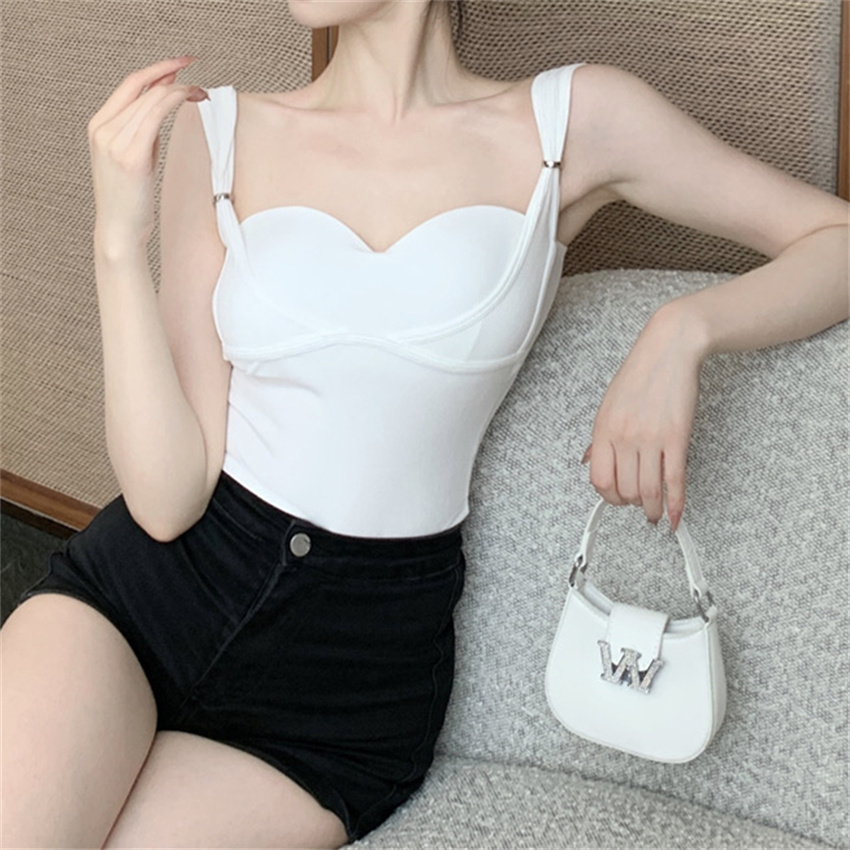 甜辣妹帶胸墊性感短款小背心吊帶女夏季外穿露背修身無袖褶皺上衣