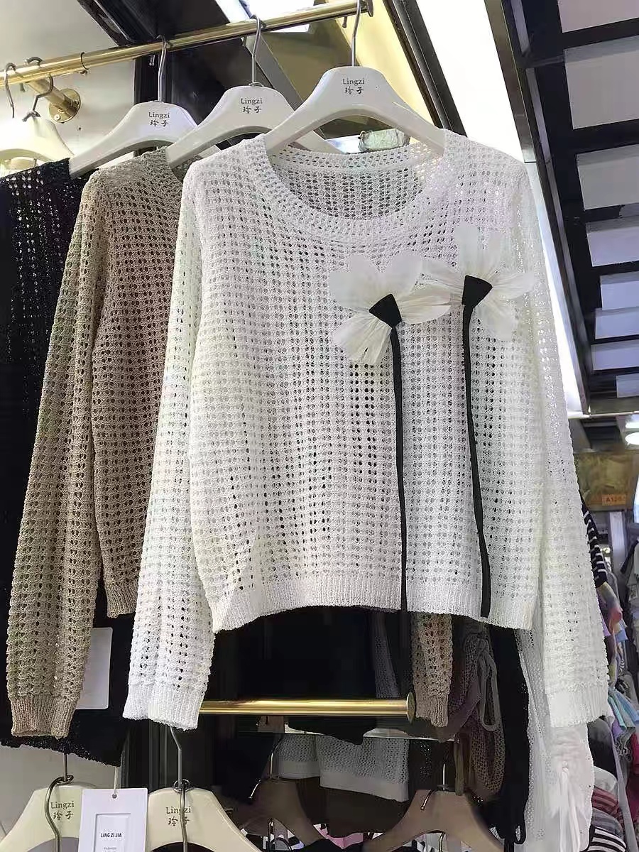 2024 new summer style thin round neck pullover three-dimensional flower hollow sweater long-sleeved blouse slimming top for women