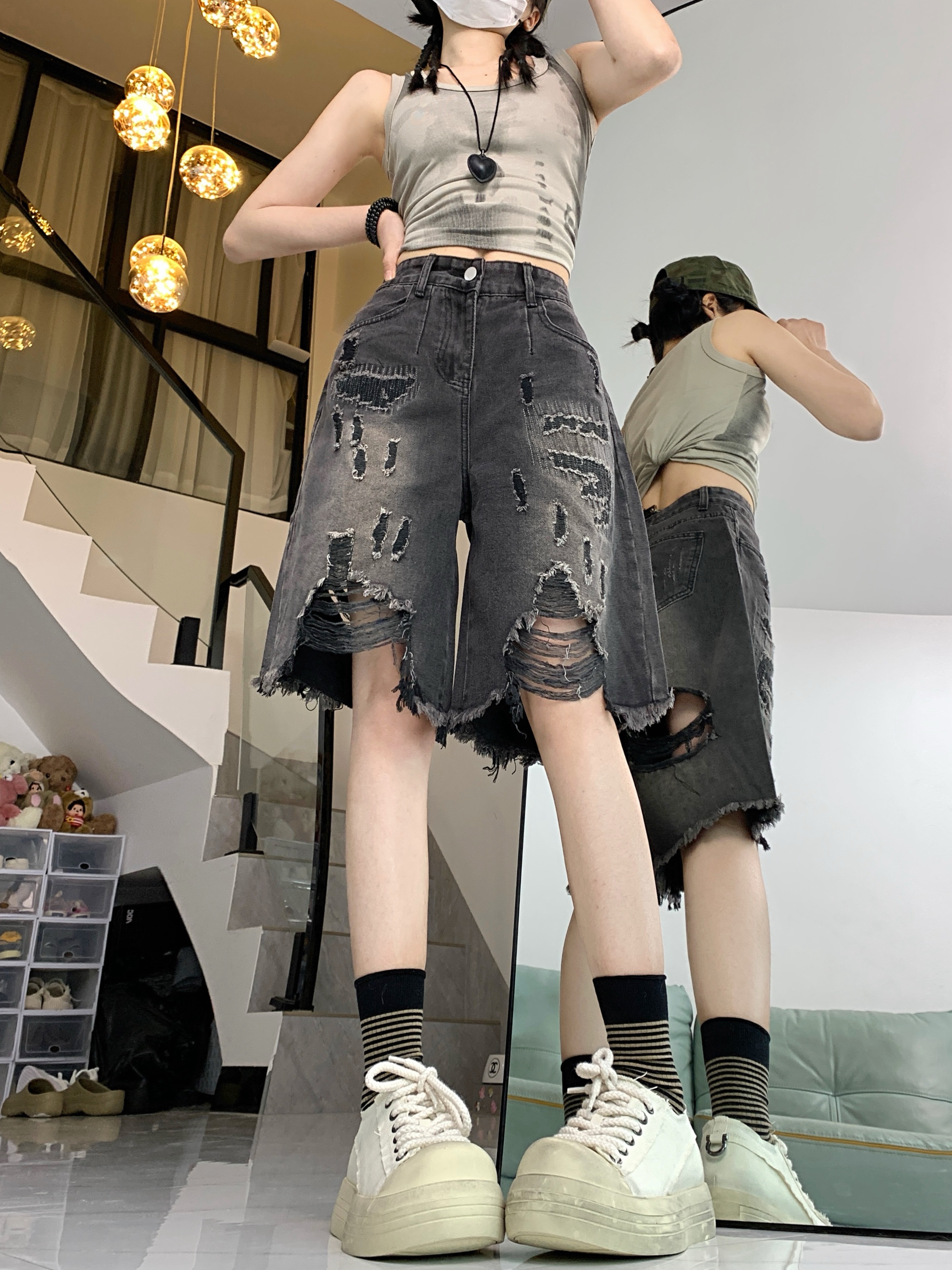 復古漸變暗黑風破壞流蘇牛仔褲女寬鬆五分褲短褲