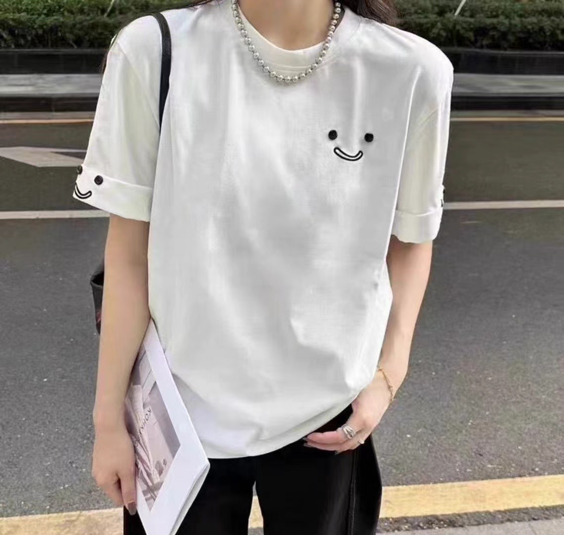 歐貨圓領短袖T恤女2024春夏季新款笑臉刺繡寬鬆休閒百搭半袖上衣