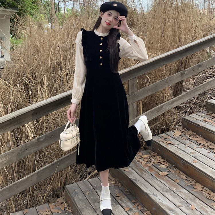 秋冬大碼女裝法式復古顯瘦中長款小香風氣質修身黑色連衣裙子