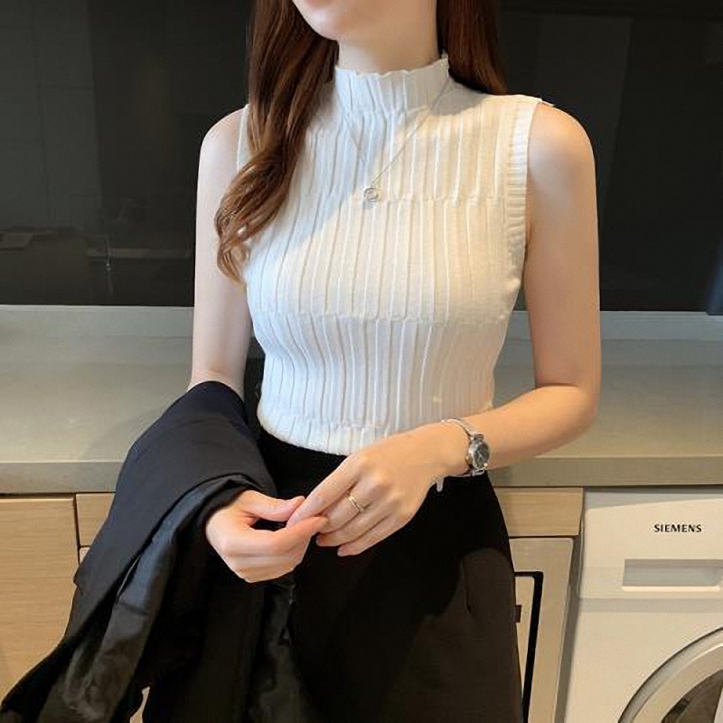 夏季女裝韓版批新款發百搭修身無袖針織打底衫復古半高領薄款背心