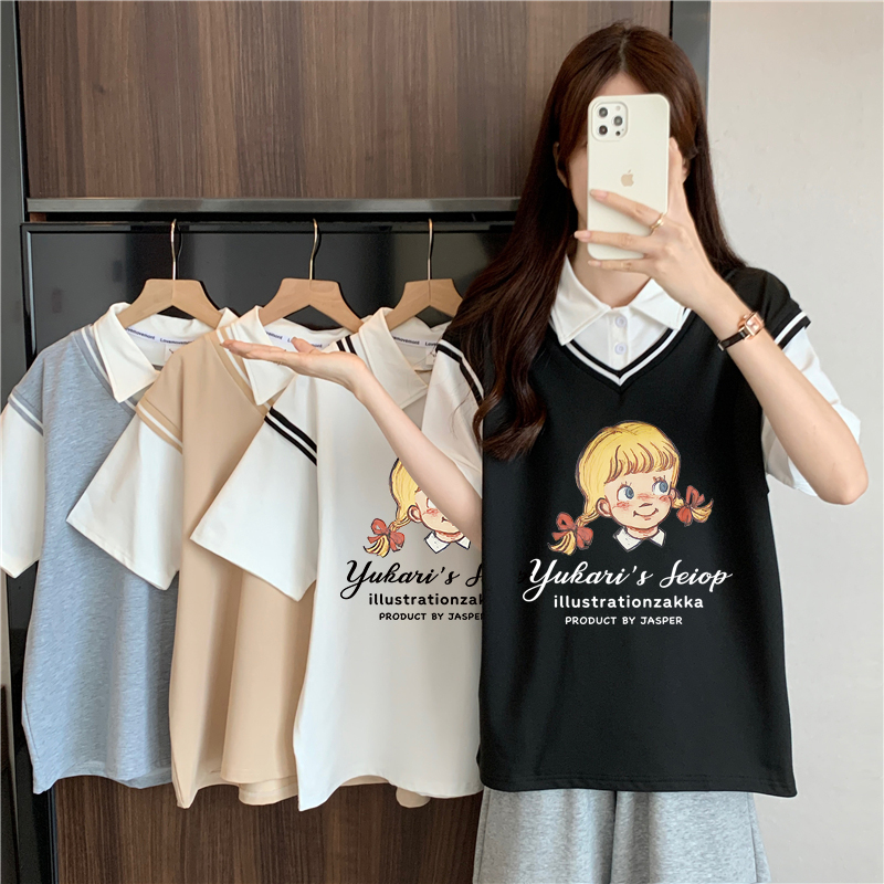 實拍100聚酯纖維假兩件Polo夏季韓版寬鬆大碼短袖t恤女