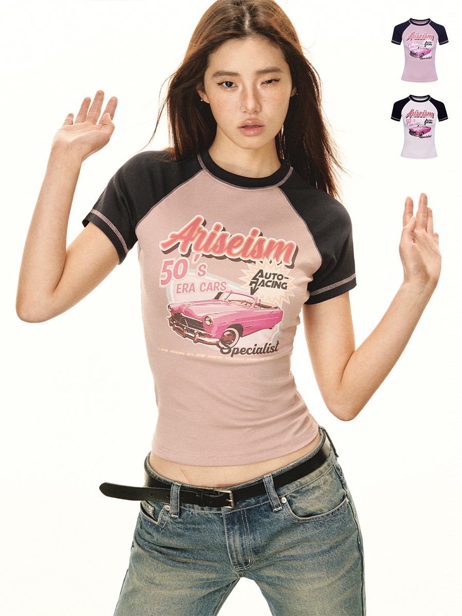 Ariseism 美式辣妹粉色賽車短袖t恤女2024年夏季新款緊身插肩上衣