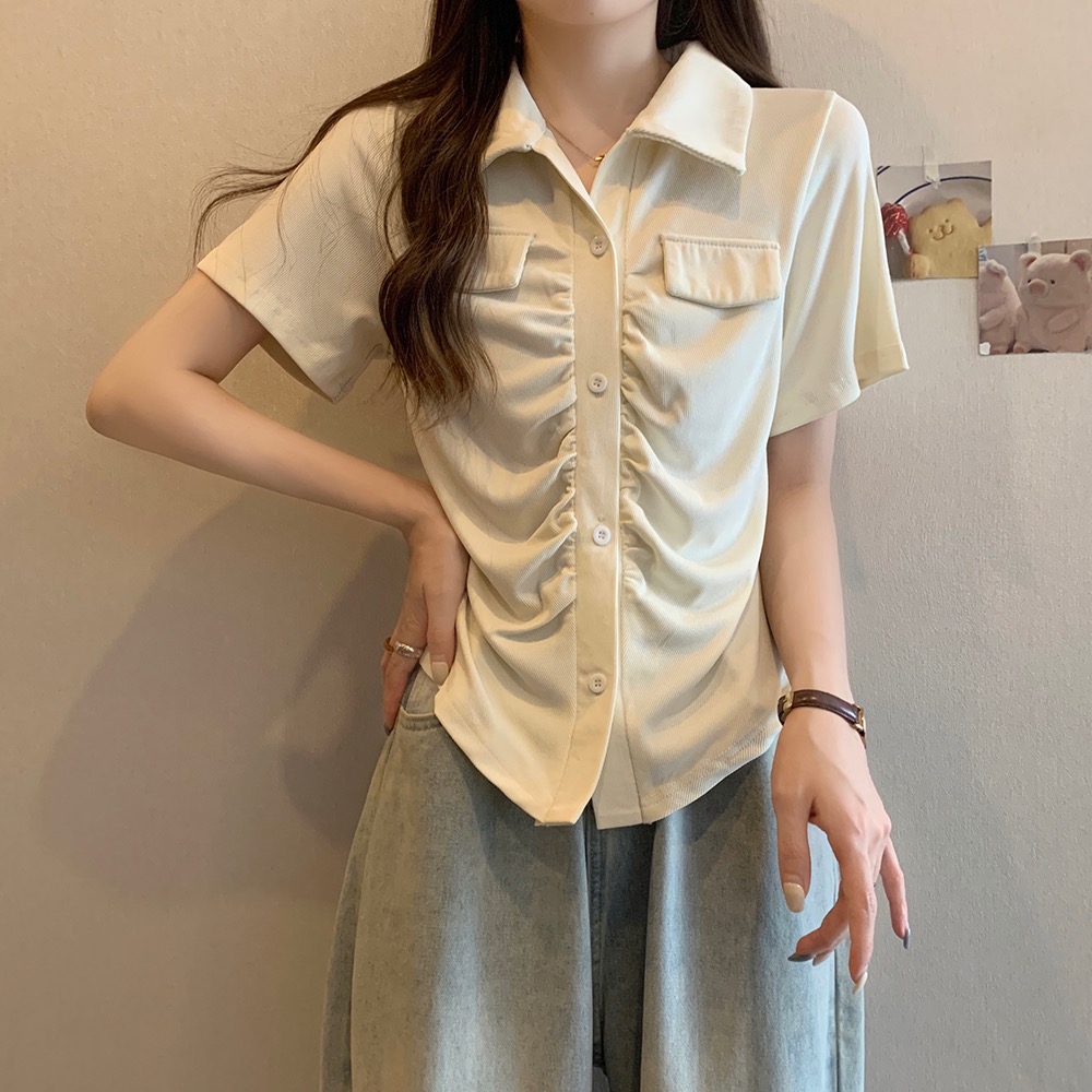 胖MM設計感夏季新款簡約褶皺百搭POLO領修身顯瘦短袖女小眾上衣