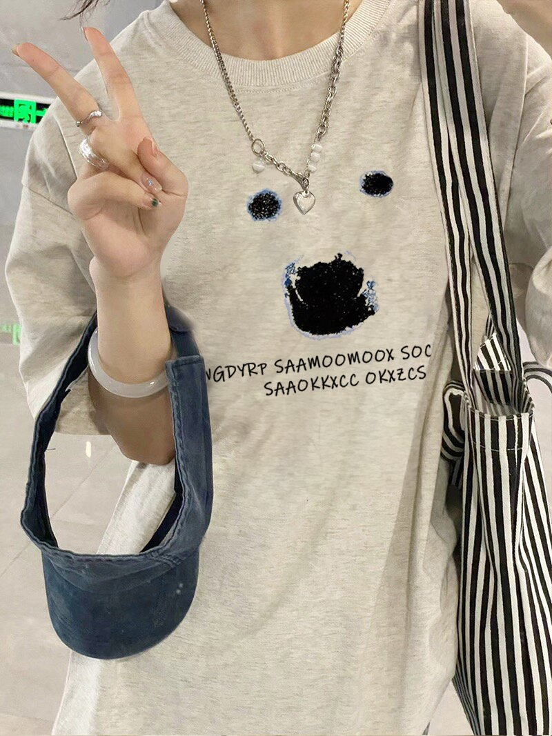 200克精梳純棉新款T恤女寬鬆大碼設計潮牌版印花上衣