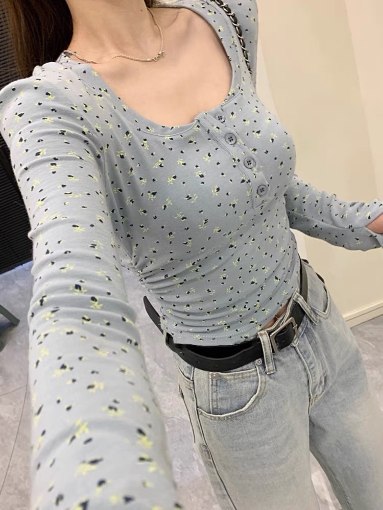 早春打底衫方領長袖t恤女春秋季2024新款辣妹修身短款上衣