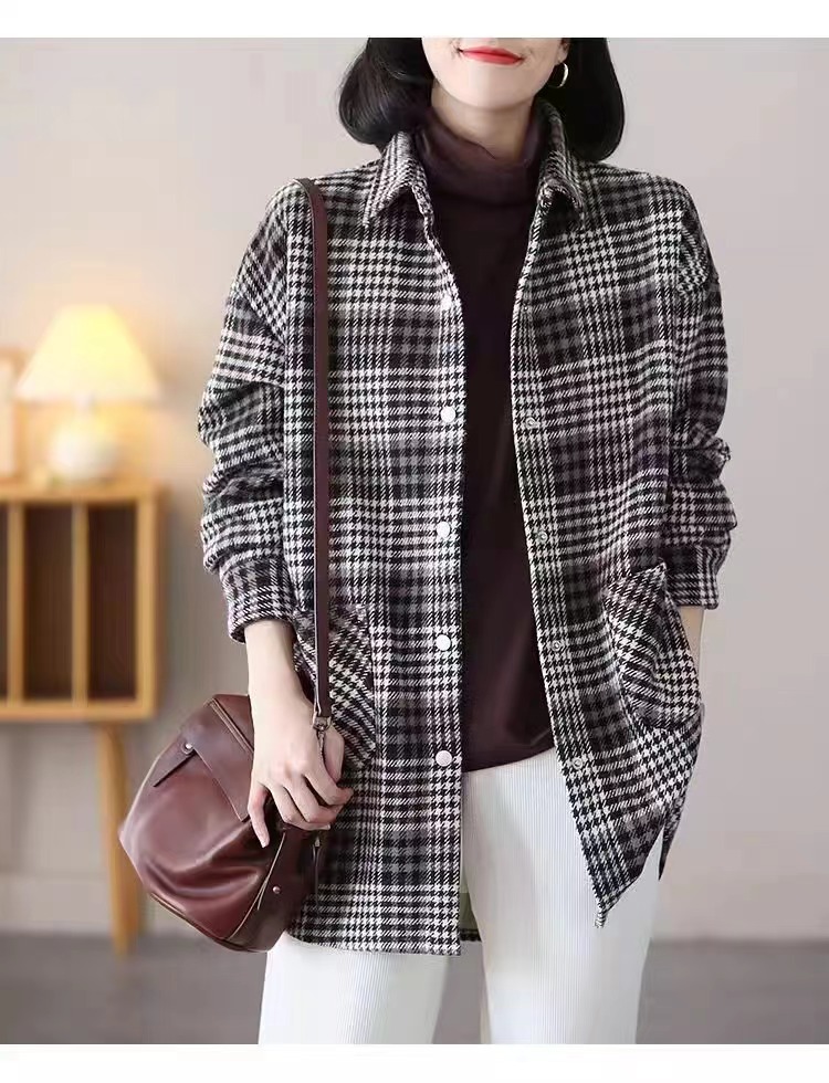 春季新款女裝上衣文藝格子休閒寬鬆中長款開衫格子外套