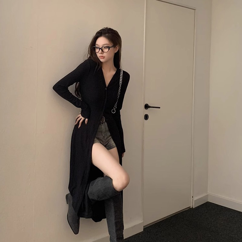 春夏薄款設計感小眾氣質黑色V領長袖防曬外套女開衫上衣