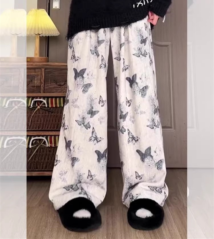 有口袋夏季復古新中式國風蝴蝶休閒褲女寬鬆直筒闊腿長褲子