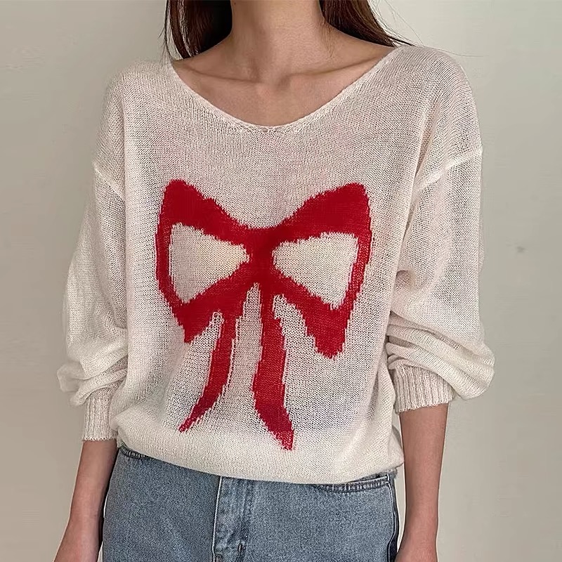 Korean chic spring retro age-reducing round neck bow print loose and versatile thin slightly see-through sweater top