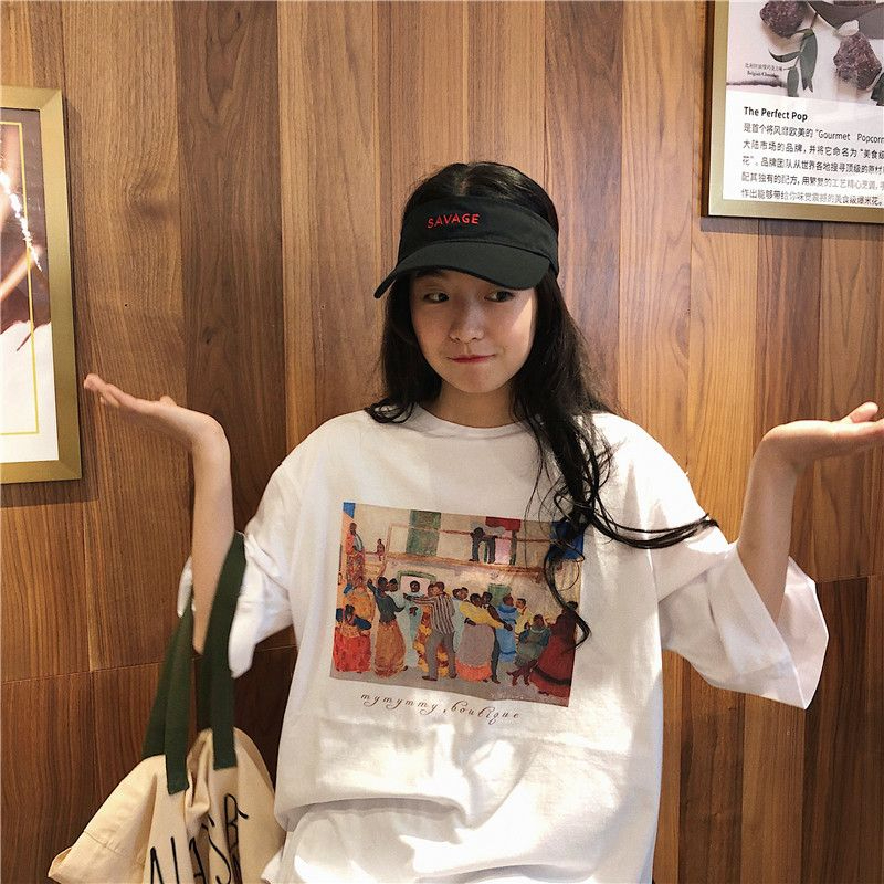 實拍#220克純棉後包領 短袖t恤女夏寬鬆韓版半袖上衣潮
