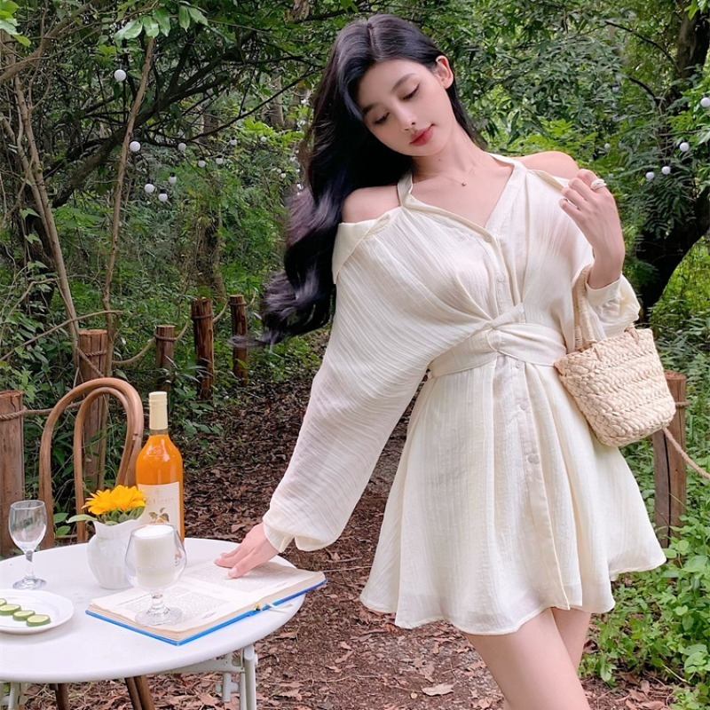 長袖襯衫裙短褲掛脖露肩上衣連衣裙純欲風辣妹時尚穿搭兩件套裝女