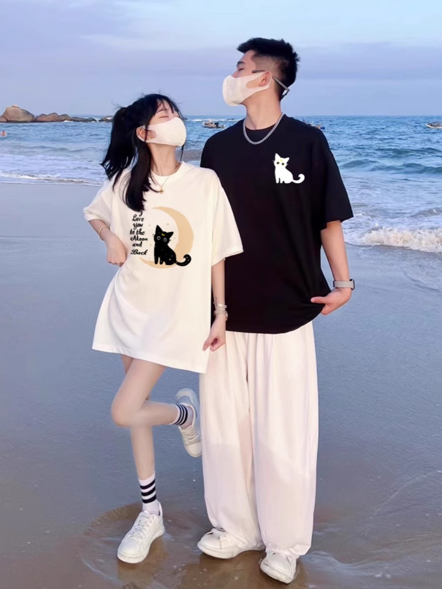 網紅卡通情侶裝男短袖t恤夏裝純棉小眾特別的潮牌夏季2024新款潮