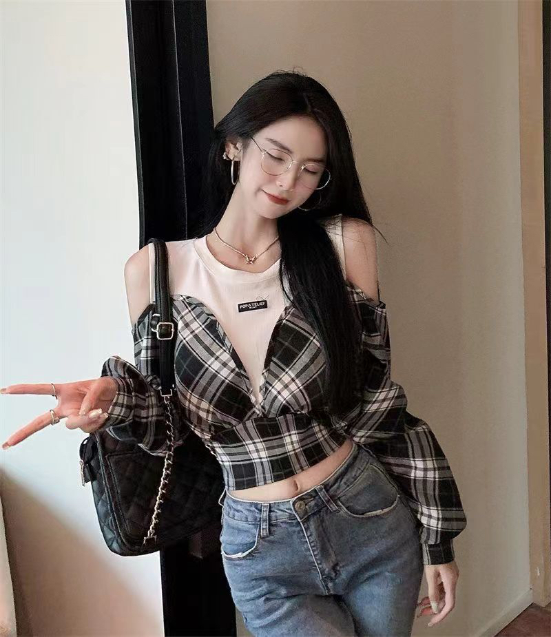 春秋季拼接圓領假兩件長袖格子襯衫女短款修身辣妹印花字母上衣