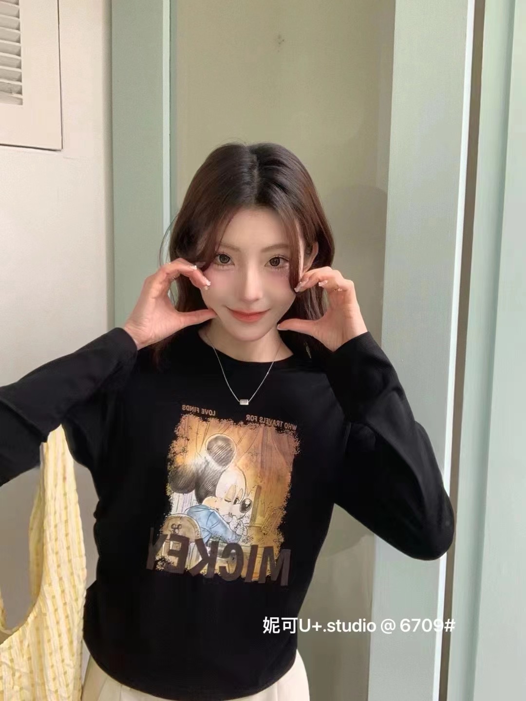 2024春夏新款韓版設計感卡通米奇印花顯瘦百搭收腰長袖T恤女