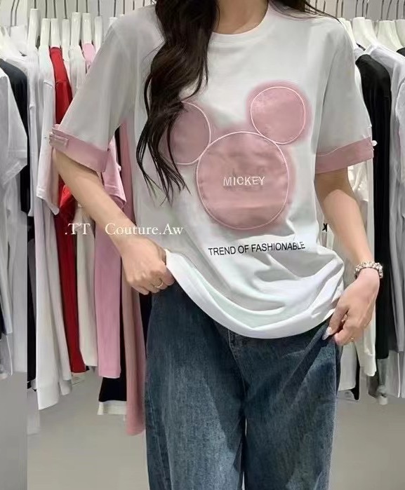 2024春夏新款時尚百搭袖口卷邊粉色米奇刺繡圓領短袖T恤上衣女