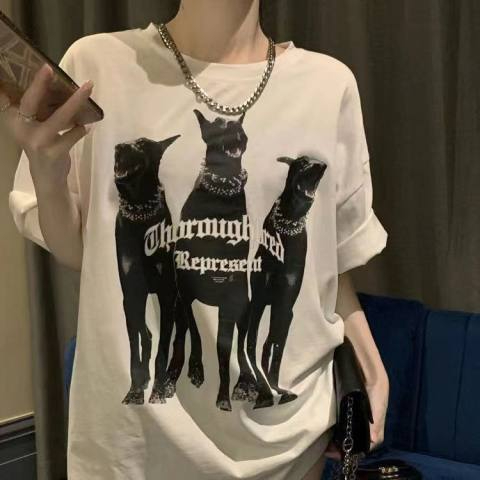 落肩寬鬆版型200克精梳純棉後包邊短袖T恤印花款