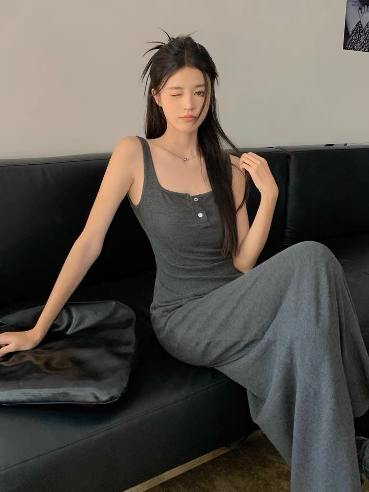 40支人棉1*1辣妹無袖吊帶連衣裙新款女裝夏季收腰顯瘦百搭中長款