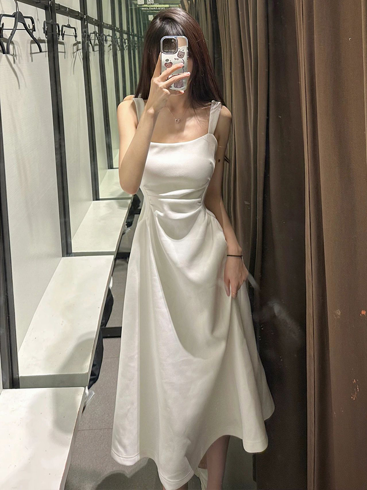 法式氣質高級感小個子白色內搭打底收腰吊帶連衣裙子女春夏季長裙