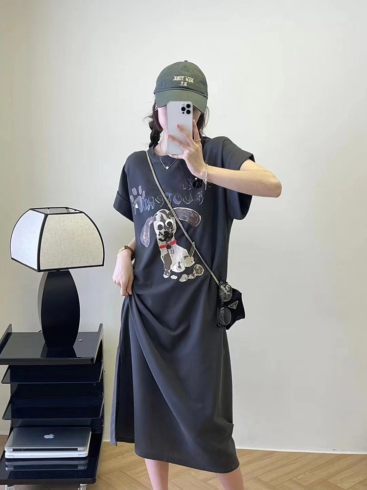 夏季韓版新款寬鬆卡通狗狗字母短袖T恤女時尚慵懶風長款t裙潮