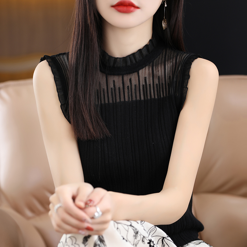 法式無袖吊帶背心女半高領內搭西裝白色蕾絲羊毛衫針織打底