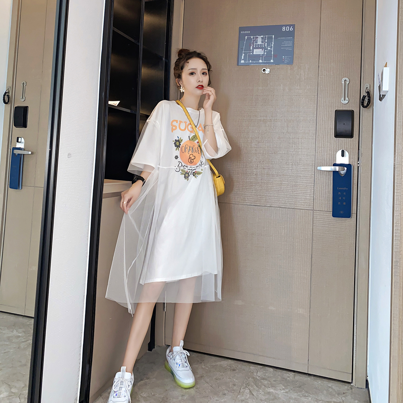 官圖6535棉2024夏季超火假兩件網紗拼接中長款圓領短袖女T恤裙ins
