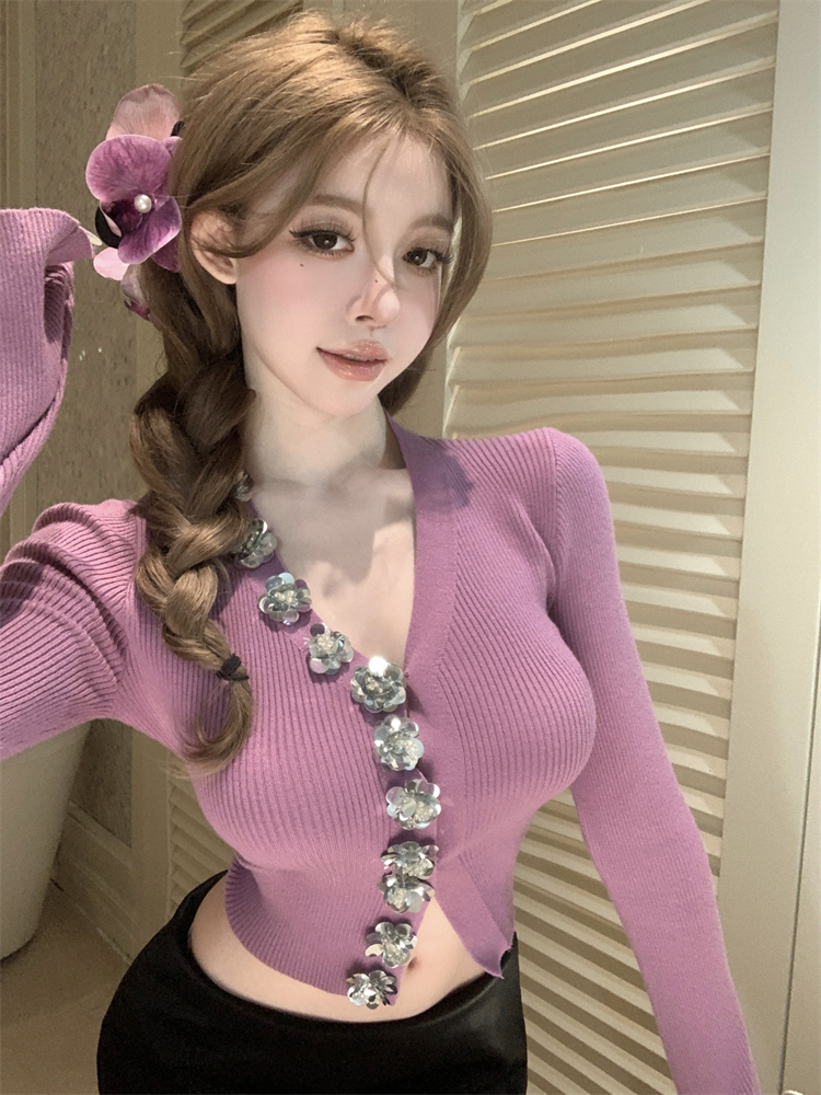 Real shot~Purple heavy industry sequins three-dimensional flower decoration design V-neck slimming stretch knitwear for women