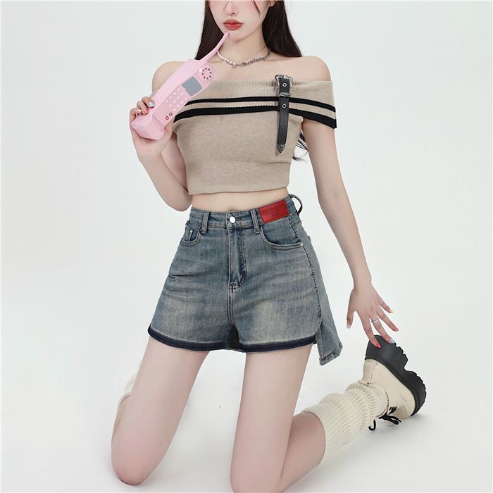 高腰顯瘦牛仔短褲女不規則水洗撞色寬鬆百搭闊腿熱褲