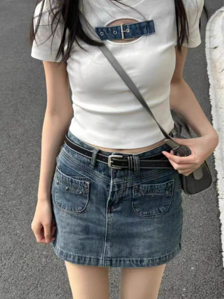 260隨心裁 新款牛仔扣正肩短袖女夏季短款鏤空設計