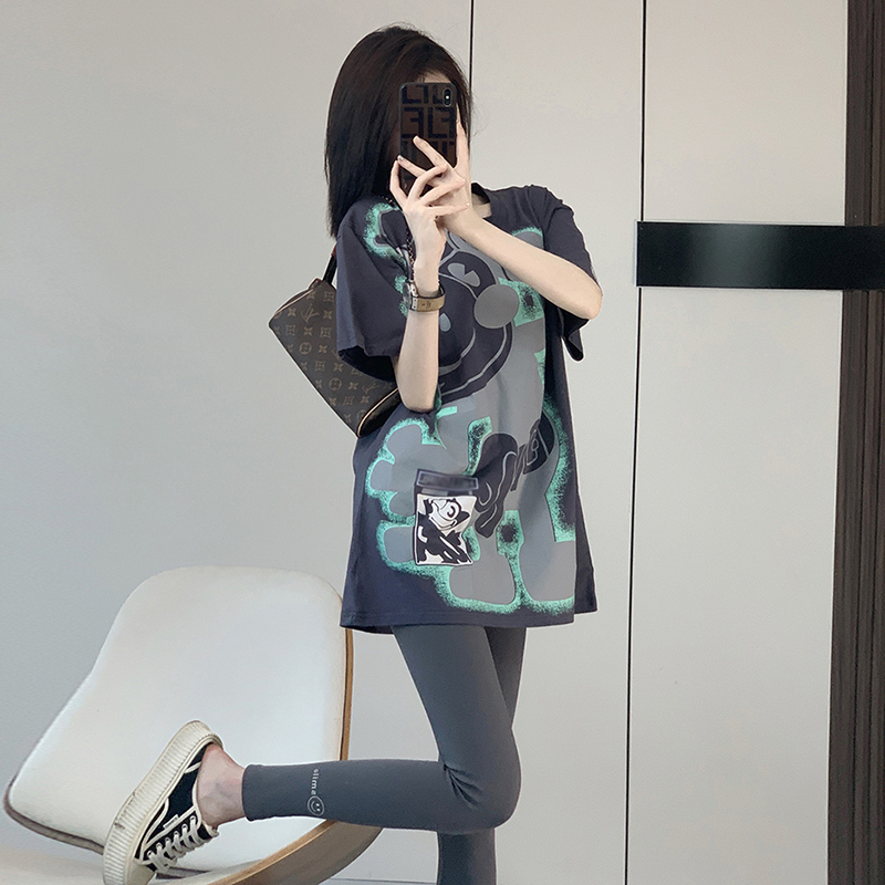 灰色短袖女t恤夏季純棉寬鬆歐貨大版中長款設計感小眾潮牌體恤衫