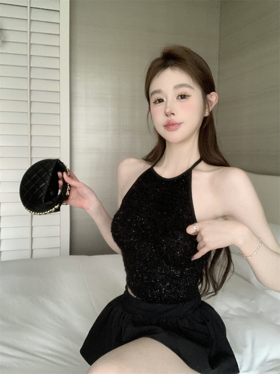實拍~法式復古性感修身掛脖吊帶純欲御姐黑色修身顯瘦百搭背心
