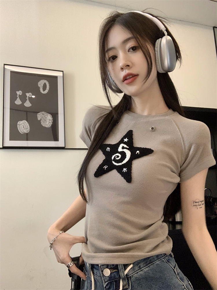 純棉 美式復古辣妹設計顯瘦百搭毛巾繡短袖T恤