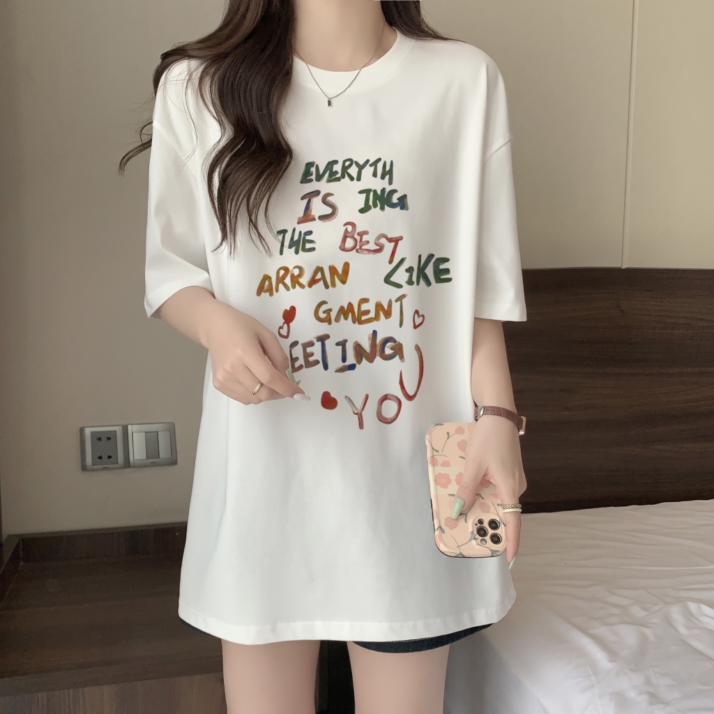 實拍 100%棉精梳純棉 印花夏裝短袖T恤女寬鬆韓版