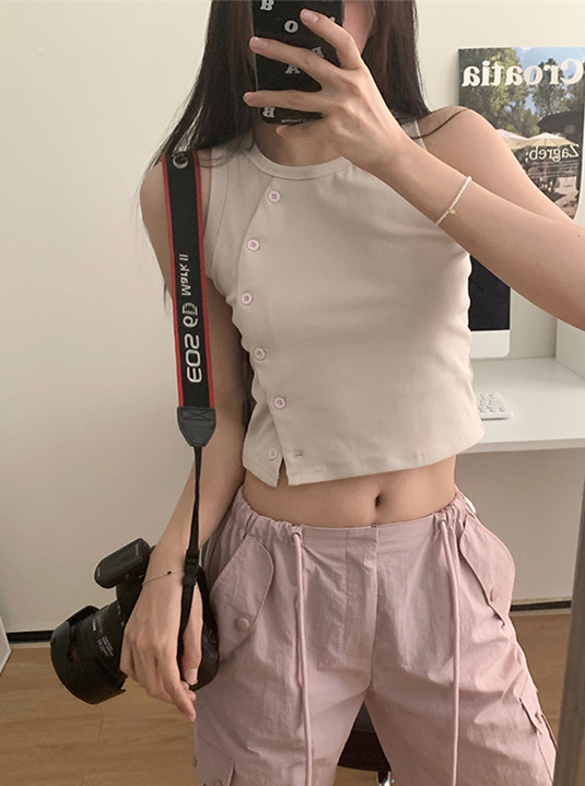 短款小眾紐扣外穿內搭2024夏季紐扣無袖背心辣妹女