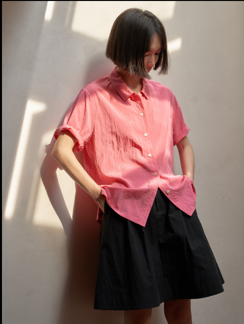 韋小姐夏款梅子粉寬鬆短袖百搭上衣韓版簡約襯衫女
