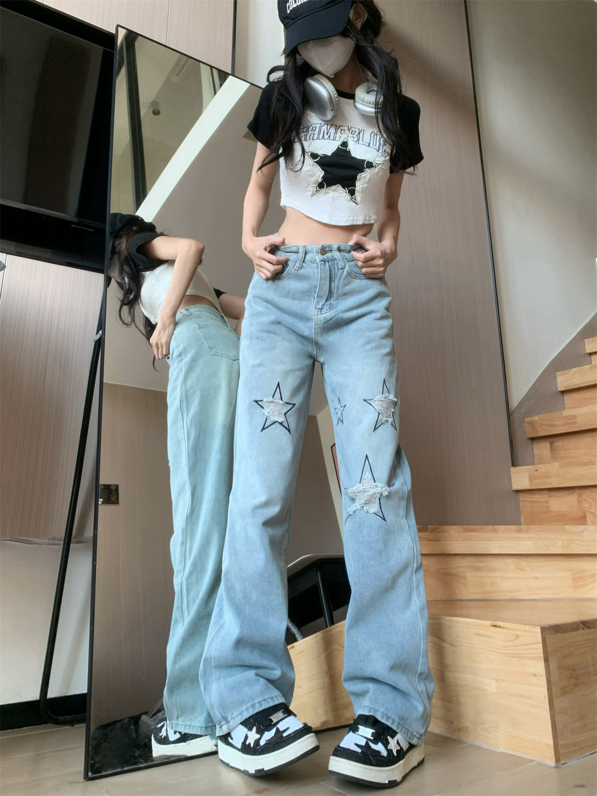 實拍~美式復古高腰設計高街破洞直筒牛仔褲