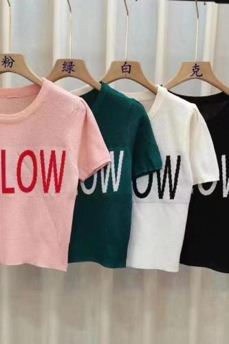 韩国chic夏季新款简约休闲泡泡袖上衣字母撞色提花短袖针织衫女