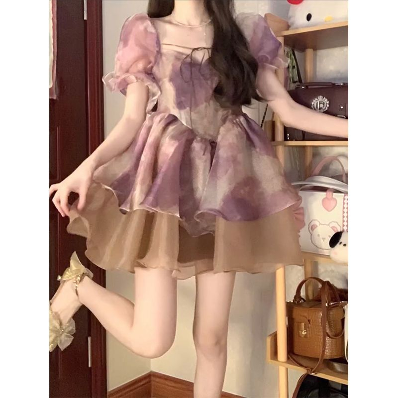 原版做法辣妹扎染蓬蓬裙子女設計感顯瘦方領泡泡袖公主連衣裙