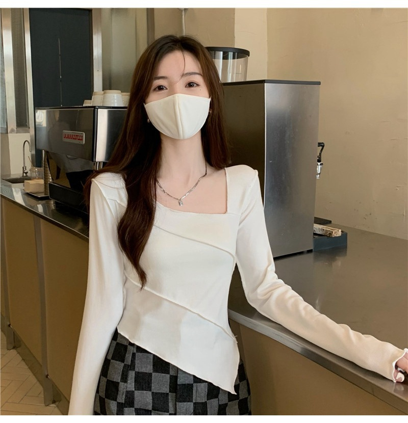 螺紋秋冬辣妹修身不規則上衣潮ins少女方領T恤長袖