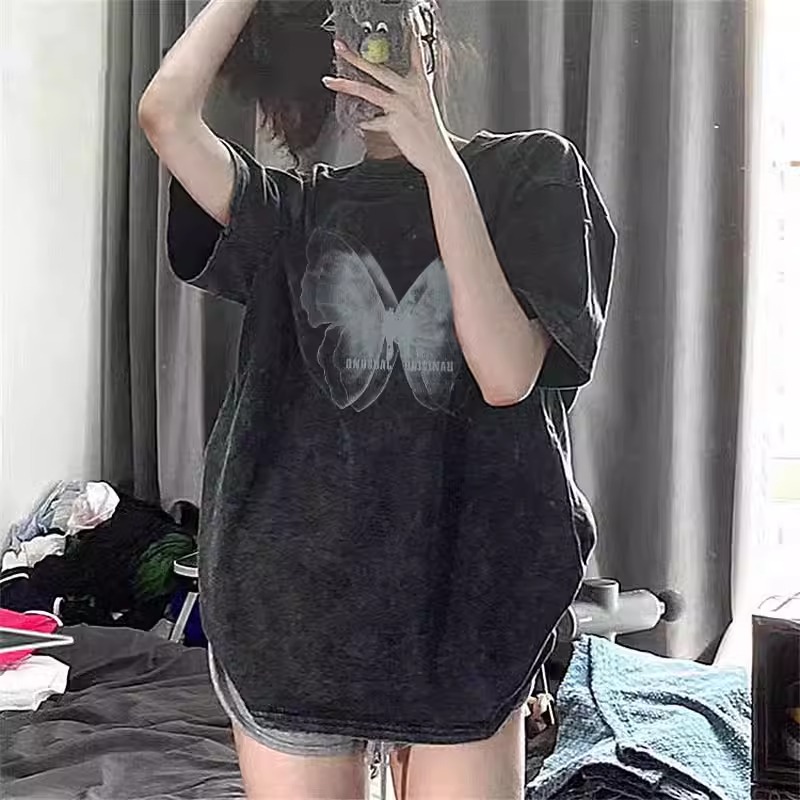 純棉230克21支精梳緊密直播品質水洗做舊 前 印花短袖T恤女