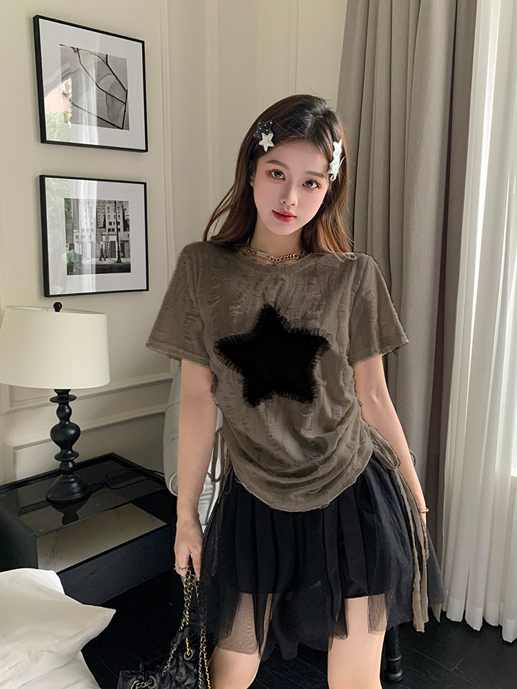 抽繩星星短袖T恤女秋季新款美式辣妹風設計感洋氣小眾別致上衣潮