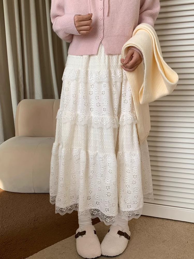 仙女森系白色碎花蕾絲蛋糕半身裙女春秋毛衣配a字長裙子半裙傘裙