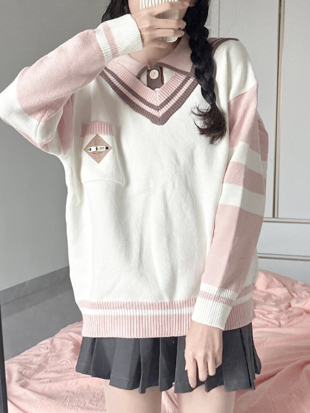 Sheep wool new autumn and winter college style fake two-piece pullover top